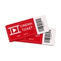Two red cinema tickets isolated on white background. Close up top view on two movie tickets. Realistic front view. Coupon of