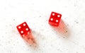 Two red craps dices showing Hard Eight from Decatur double number four overhead shot on white board Royalty Free Stock Photo