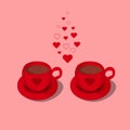 Two red cups of hot chocolate with heart ornament and steam like the shape of little hearts. Love greeting card vector