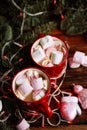 Christmas Hot Chocolate With Marshmallows In Red Mugs, Square