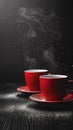 Two red cups with steam coming out of them on a table, AI Royalty Free Stock Photo