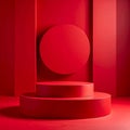 Minimalist Red Cylindrical Pedestals With Circular Backdrop And Vertical Panels stage display Royalty Free Stock Photo