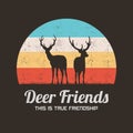 Two red deers. Animal couple silhouette. Retro vintage t-shirt design