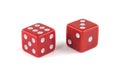 Two red dice, close-up isolated on white background. Six and three Royalty Free Stock Photo