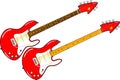 Two red electric guitars with maple and rosewood neck