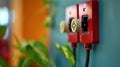 Two red electrical outlets on a blue wall with green plant in the background Royalty Free Stock Photo