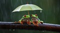 Two red eye green frogs sitting in tree branch with umbrella Royalty Free Stock Photo
