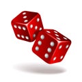 Two red falling dice isolated on white. Royalty Free Stock Photo