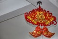 Tradition Chinese decoration. Two red fishes and character fu, happines, hang from the ceiling. Translation: happines