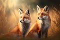Two red foxes in a meadow at sunset, digital painting
