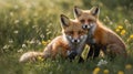 Two Adorable Red Foxes Cuddling in a Meadow Filled with Wildflowers on a Sunny Day Royalty Free Stock Photo