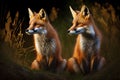 Two red foxes sitting in grass on a dark background. 3d render