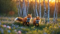 Two Red Foxes Walking in a Birch Forest at Sunset Royalty Free Stock Photo
