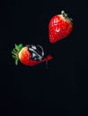 Two red fresh juicy strawberries in chocolate on a black background falling flying Royalty Free Stock Photo