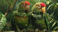 Two red-fronted macaws perching on a branch