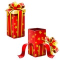 Two red gift boxes, open and closed. Christmas, New Year, birthday, surprise concept. Vector in cartoon style isolated