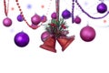 Two red glitter bells hanging on a tartan ribbon with christmas baubles Royalty Free Stock Photo