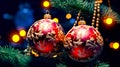 Two red and gold christmas ornaments hanging from christmas tree with lights in the background. Generative AI Royalty Free Stock Photo