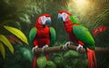 Two red and green parrots on a tree in the jungle.Generative Al Illustration Royalty Free Stock Photo