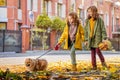 Two red-haired girls are walking down the street on a sunny autumn day. Walking with a small fluffy Pomeranian dog Royalty Free Stock Photo