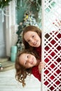 Two red-haired sisters peek out from behind the wall and smile. near the New Year tree. Christmas holiday atmosphere, lights,