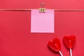 Two Red Heart Shape Candy Lollipops on Sticks Post It Sticky Paper Clipped on Twine. Valentine Romantic Love Greeting Card