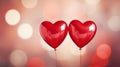 Two red heart shaped balloons on red background with bokeh lights. Valentine's Day celebration, love, romantic Royalty Free Stock Photo