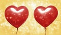 Two red heart-shaped balloons on yellow background with bokeh in the form of small white hearts. Conceptual symbols of love Royalty Free Stock Photo