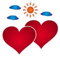 Two red hearts on a background of the sun and clouds. Valentine`s Day, symbol of lovers,