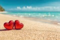 Two red hearts on beach as Valentine concept background Ai photo Royalty Free Stock Photo