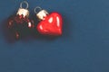 Two red hearts. Beautiful glass hearts on dark ultramarine background. Top view. Valentines Day Concept Royalty Free Stock Photo