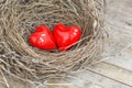 Two red hearts in a bird nest Royalty Free Stock Photo