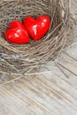 Two red hearts in a bird nest on wooden board Royalty Free Stock Photo