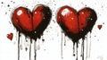 Two Red Hearts With Black Paint Drips On White Background Royalty Free Stock Photo