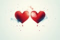 Two red hearts with dripping blue paint. Valentines Day artistic greeting card