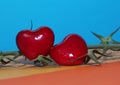 Two red hearts on an empty branch from cherry tomatoes on a blue orange yellow background Royalty Free Stock Photo