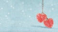 Two Red hearts pendant, valentine day greeting card. Bokeh blue background. Royalty Free Stock Photo