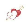 Two red hearts pierced by golden arrow. Glitter textured vector
