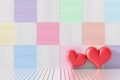 Two red hearts in the room. The wood walls are decorated with bright colors and variety. Rooms of Love on Valentine`s Day. Backgro Royalty Free Stock Photo