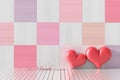 Two red hearts in the room. The wood walls are decorated with bright colors and variety. Rooms of Love on Valentine`s Day. Backgro Royalty Free Stock Photo