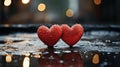 Two red hearts set against a backdrop of bokeh lights on a dark concrete surface. AI Generated Royalty Free Stock Photo
