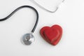 Two red hearts and stethoscope on white background. Heart transplant