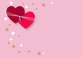 Two red hearts tied up with rope on pink background, paper art valentine background concept