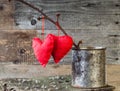 Two Red Hearts twig board rusty tin Royalty Free Stock Photo