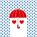 Two red hearts under red umbrella on rain, Valetine`s Day greeti Royalty Free Stock Photo