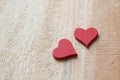 Two red Hearts for Valentine`s day concept on wood background. Love background Royalty Free Stock Photo