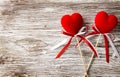 Two red hearts on wooden background. Valentines Day card. Royalty Free Stock Photo