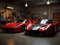 Red sports cars in a retro garage workshop with polished floors and overhead lighting Royalty Free Stock Photo