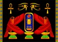 Two horus falcons hold the cartouche with the throne name of Tutankhamun