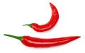 two red hot chili peppers isolated on white background. clipping path. top view Royalty Free Stock Photo